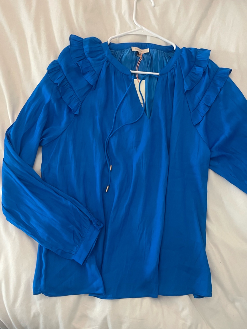 Skies Are Blue Cobalt Blue Ruffle Blouse Large | Long Sleeve Tie Neck Top